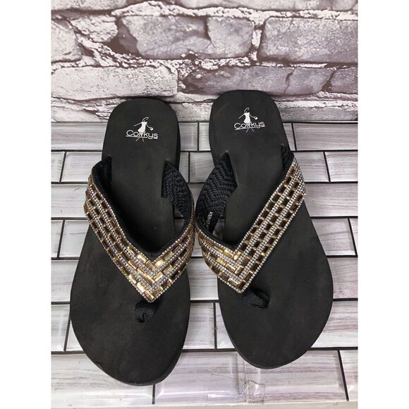 Corky’s Gold Crystal Rhinestone Thong Foam Wedge Sandals Women’s Sz 11M US/42EU - Picture 2 of 16